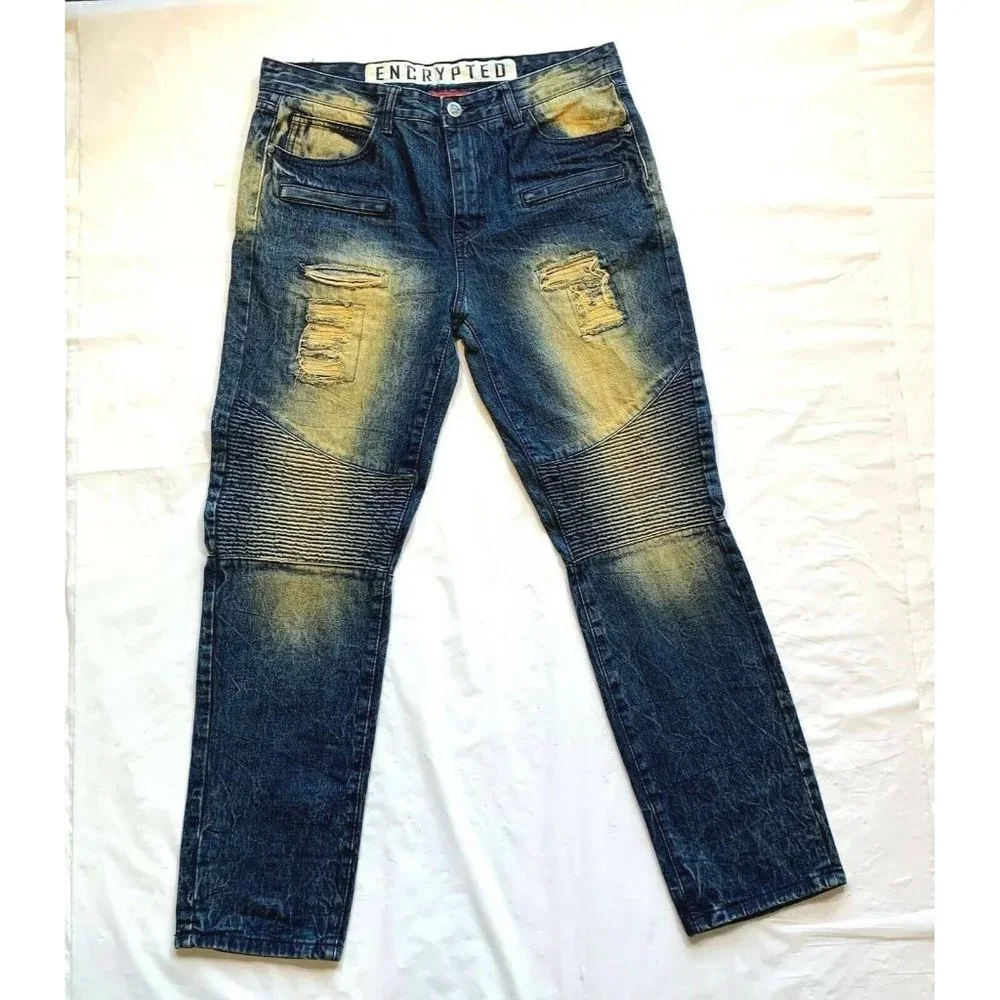 Encrypted Jeans Mens‎ 38x33 Distressed Acid Wash Relaxed Biker Moto Quilted NEW